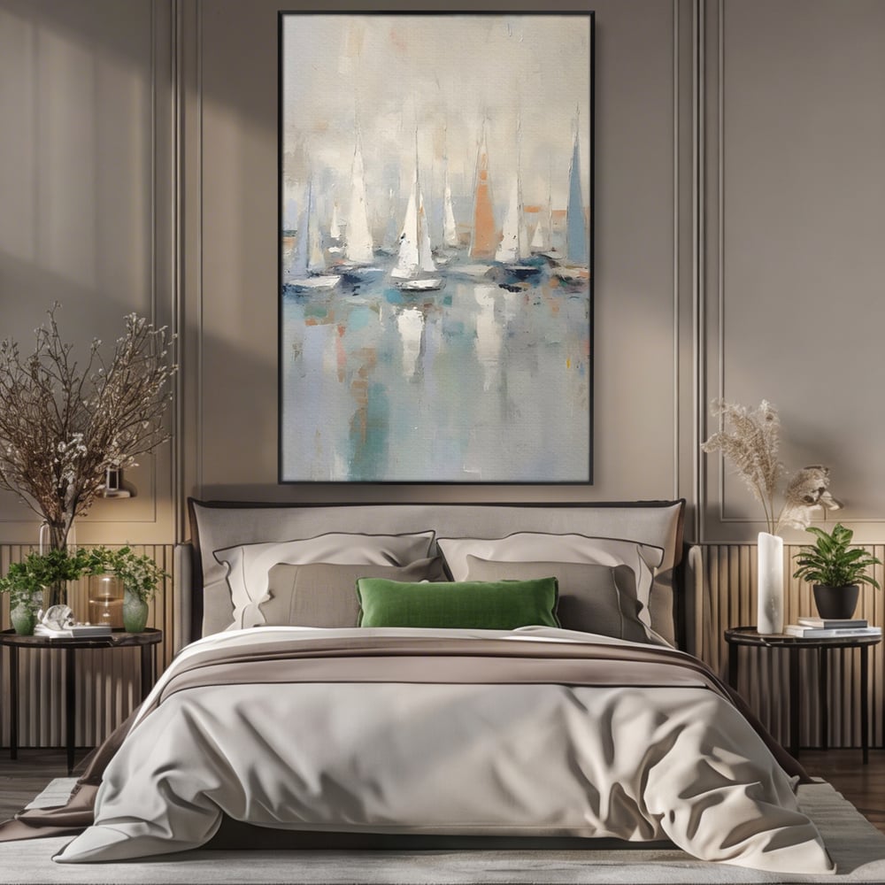 Tablou canvas cu pictura abstracta cu barci cu panze, in rama de aluminiu negru, pe perete intr-un dormitor